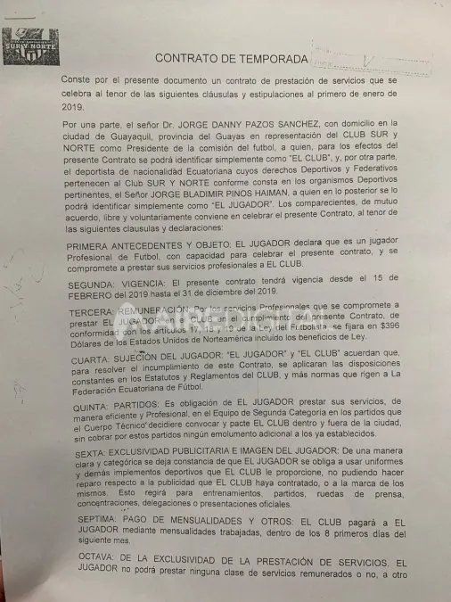 Contrato con el Logo del club Sur y Norte de Jorge Pinos con la firma del tercer vocal suplente y no por el presidente.