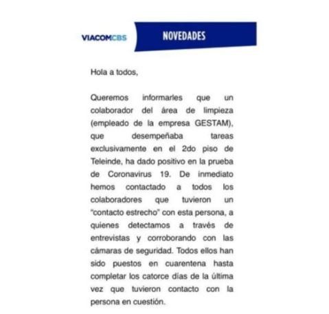 Viacom, dueña de Telefe, envió un comunicado a la prensa para aclarar quién es la persona infectada y cómo se procedió a hacer la limpieza correspondiente.