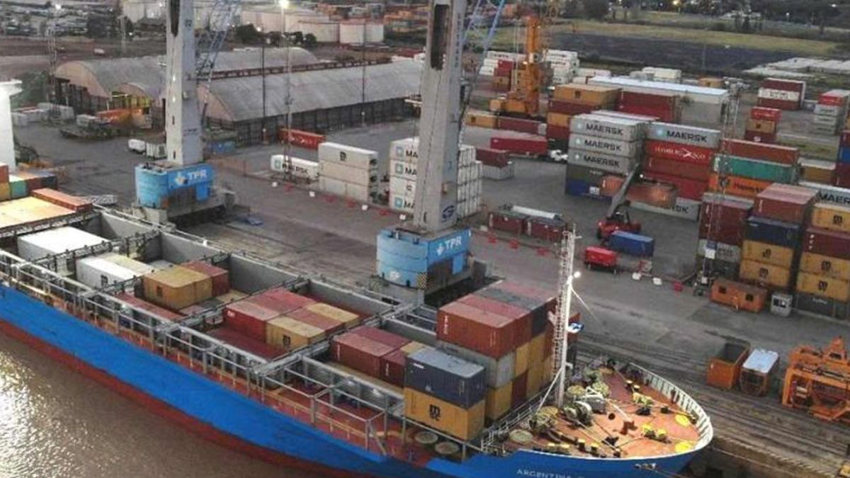 Imagen de la primera exportación argentina de arvejas a China, que salió con el sello de AFA desde la Terminal Portuaria Rosario.