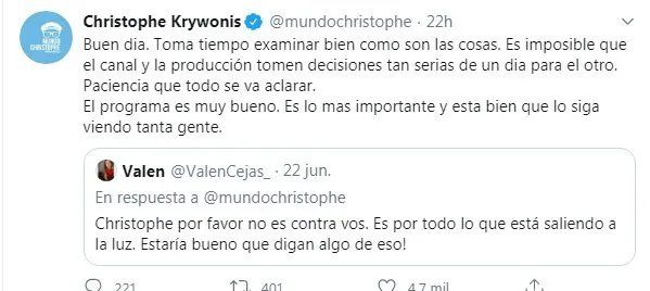 Captura del tuit de Christophe Krywonis