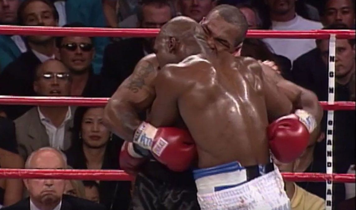 El sábado 28 de junio de 1997, Tyson protagonizó sobre un ring uno de los hechos más bochornosos de la historia. Fue descalificado en el tercer round por el árbitro Mills Lane ¡tras arrancarle de un mordisco un pedazo de la oreja derecha a Evander Holyfield! Fue multado con 3 millones de dólares, y, la Comisión Atlética del Estado de Nevada, le revocó su licencia de boxeador, la que le sería restituida el 18 de octubre de 1998.