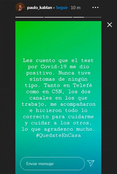 La publicación con la que Paulo Kablan confirmó que su prueba de Covid-19 dio positiva Crédito: Captura de pantalla