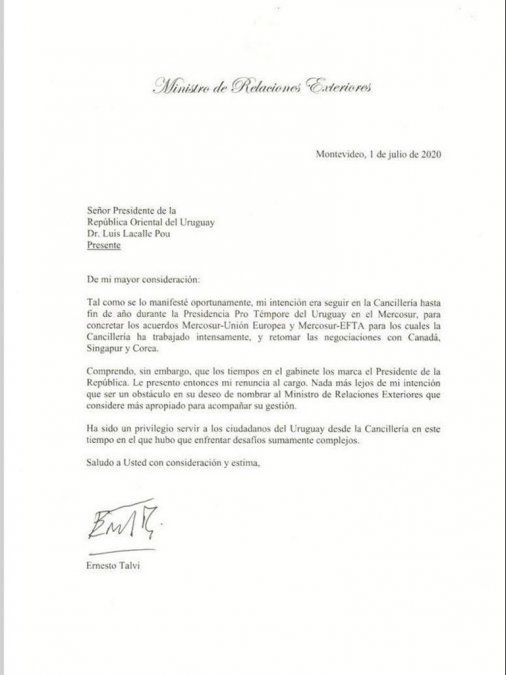 La carta de renuncia de Ernesto Talvi