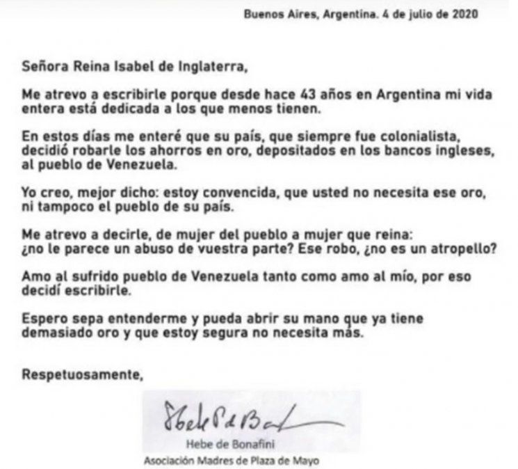 La carta de Hebe de Bonafini a la reina de Inglaterra.