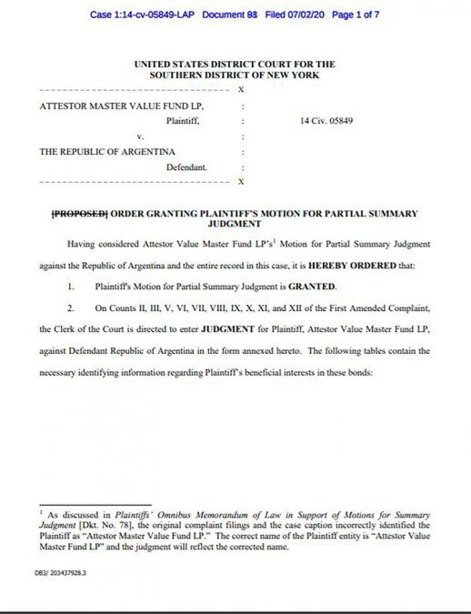 El fallo de la jueza Loretta Preska de Nueva York contra la Argentina. Fuente: Sebastián Maril