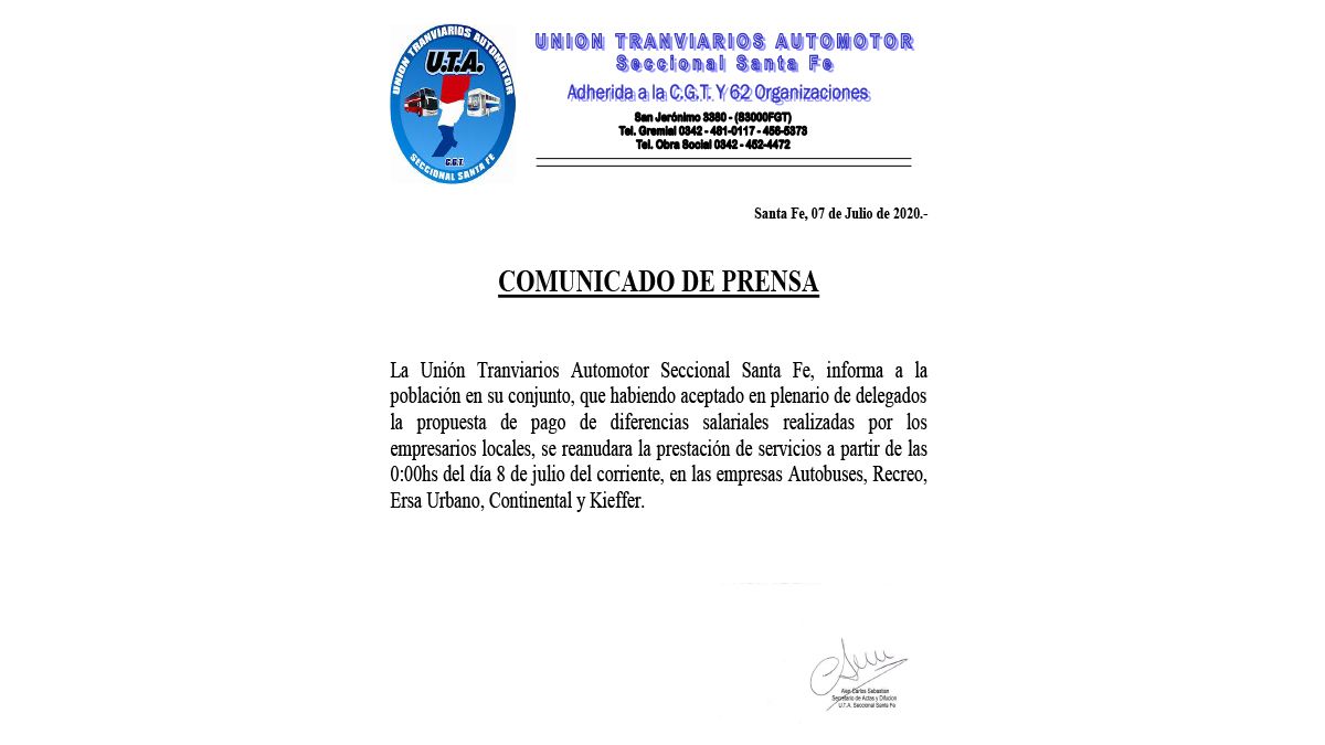 La UTA seccional Santa Fe confirmó el levantamiento de la medida de fuerza a partir de las 0 hora de este miércoles 8 de Julio.