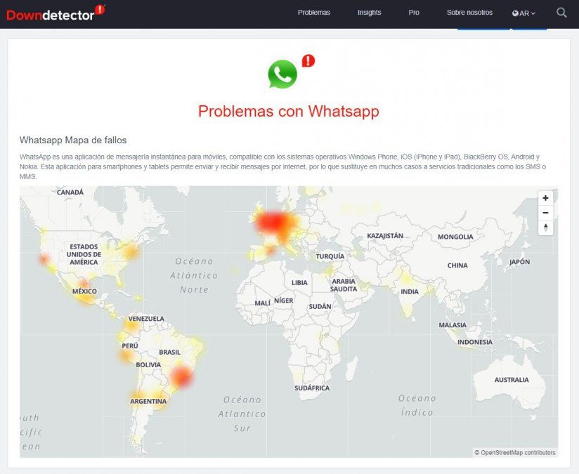 El sitio web Down Detector muestra el mapa actualizado de las regiones del mundo donde el servicio de WhatsApp está fallando. En Argentina, la mayoría de los problemas se registran en el Litoral.