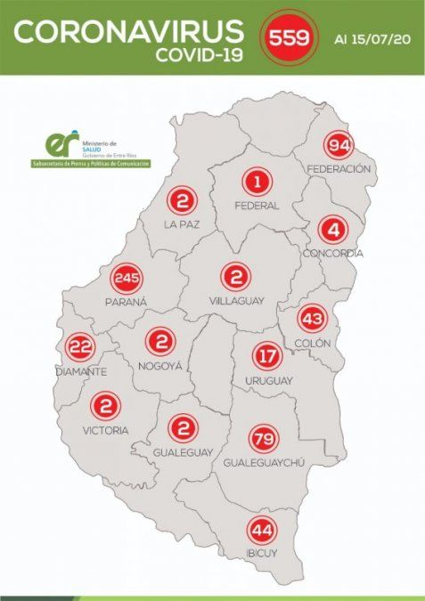 El mapa del coronavirus en Entre Ríos, actualizado al 15 de julio por la mañana.