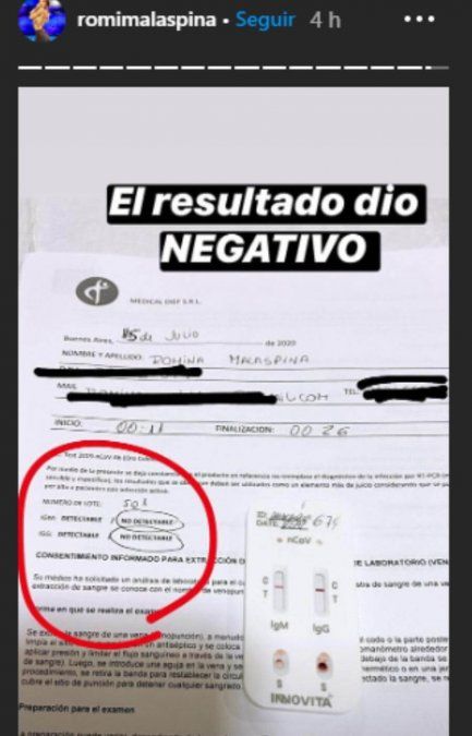 Romina Malaspina compartió el resultado de su test: no tiene coronavirus.