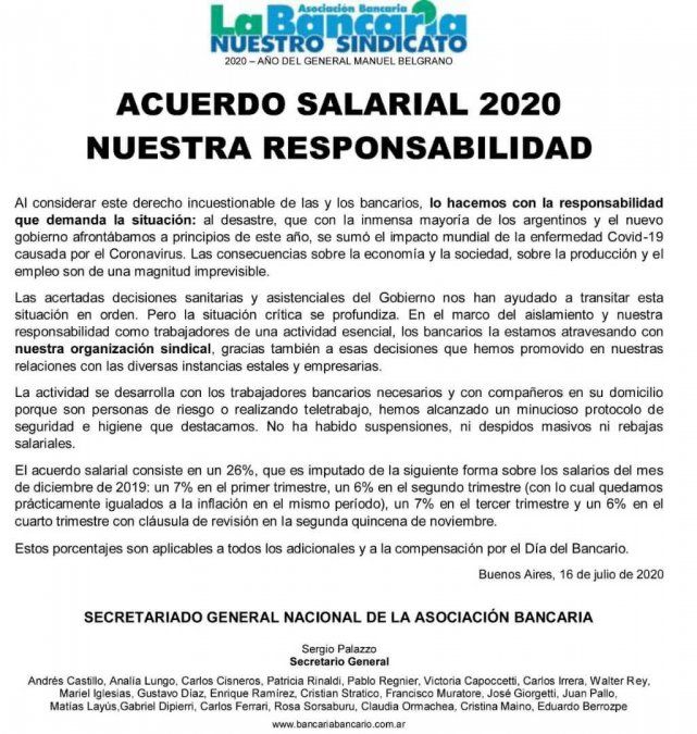 El comunicado emitido por la entidad sindical