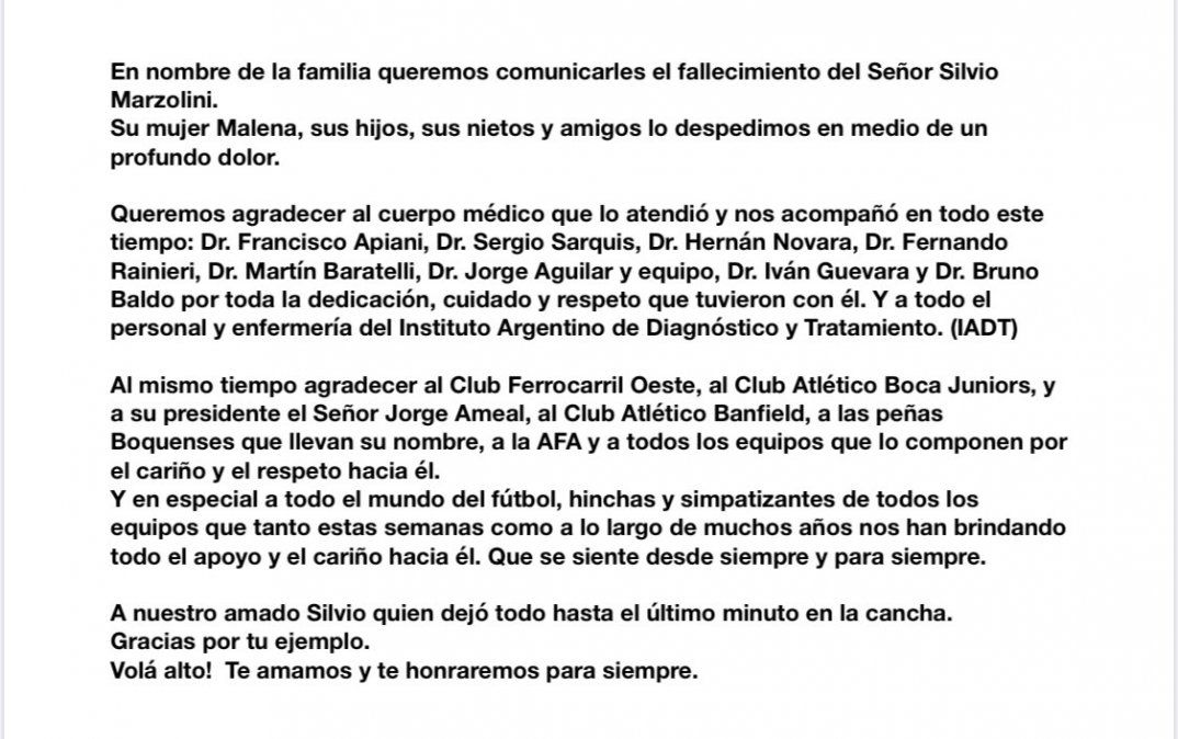 El comunicado de la familia Marzolini tras el fallecimiento del ex jugador de Boca y la Selecci&oacute;n <a href=