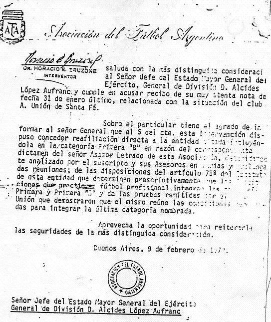 Carta del interventor de AFA Horacio Bruzzone al Jefe del Estado Mayor del Ejército, Alcides López Aufranc, acusando recibo del pedido expreso el día 31 de enero de 1973 para la vuelta de Unión a AFA, el día 9 de febrero de 1973, dos días después de la confirmación realizada al dirigente tatengue Gerónimo Veglia.