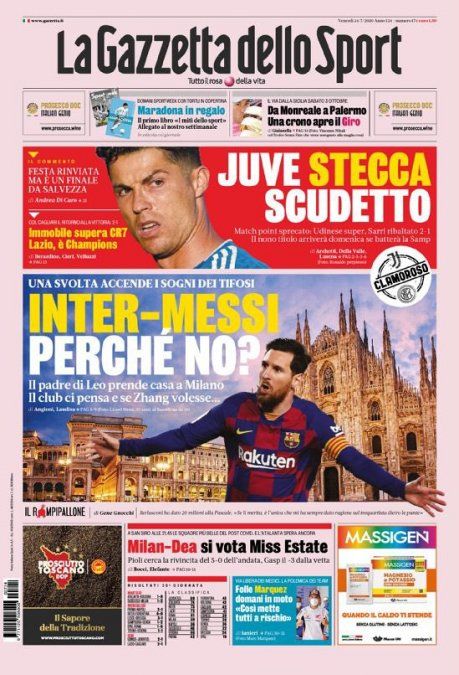 La tapa de La Gazzetta dello Sport que invita a soñar a los jugadores del Inter con la transferencia de Lionel Messi.