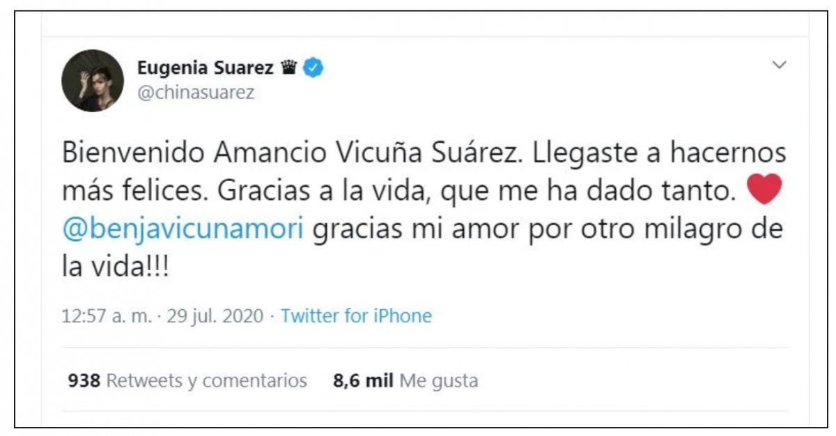 La China Suarez compartió en redes el nacimiento de Amancio Vicuña Suarez.