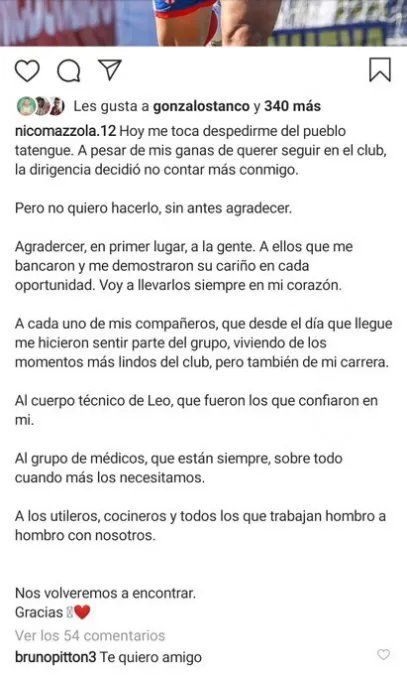 El mensaje de despedida de Mazzola a los hinchas de Unión vía Instagram.