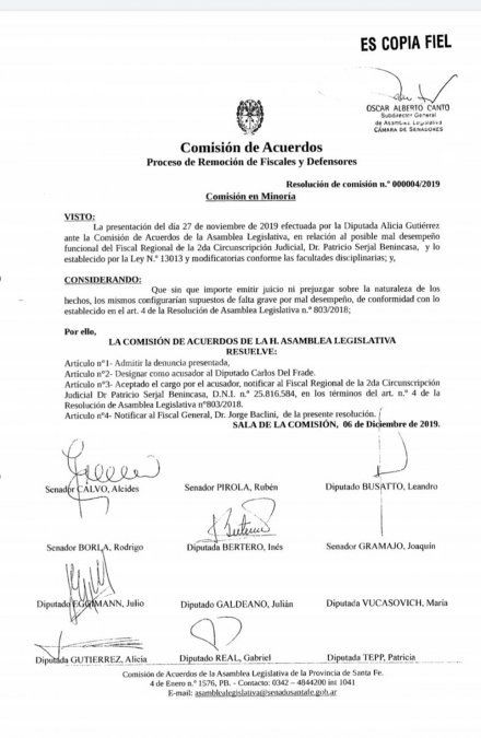 En esta imagen, se observan los nombres de los legisladores que no avalaron con sus firmas las investigaciones sobre el accionar de Patricio Serjal.