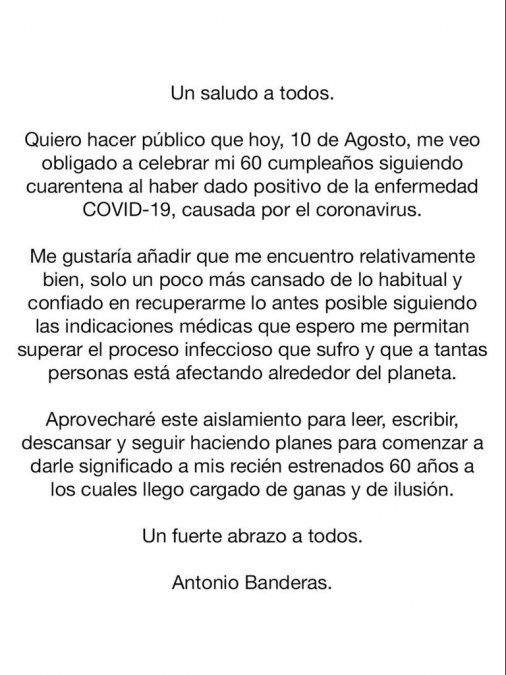 Comunicado de Antonio Banderas