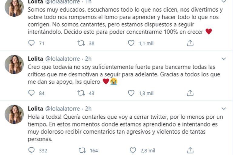 Lola Latorre se despidió de Twitter.
