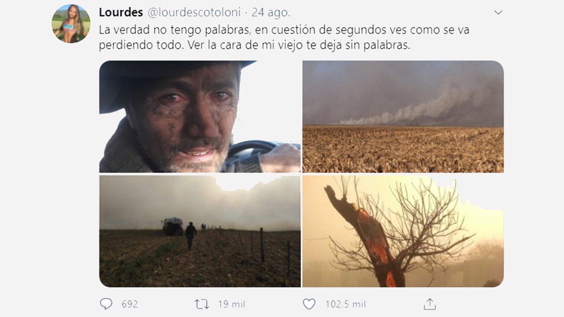 A través de las redes sociales Lourdes viralizó la realidad que le toca vivir a su papá tras los incendios.