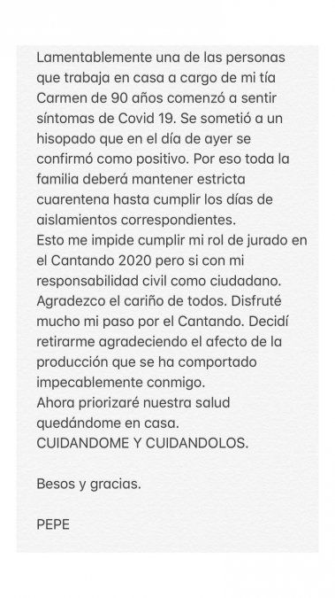 El comunicado de Pepe Cibrián (Foto: Twitter)