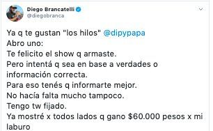 Captura del twitter de Diego Brancatelli