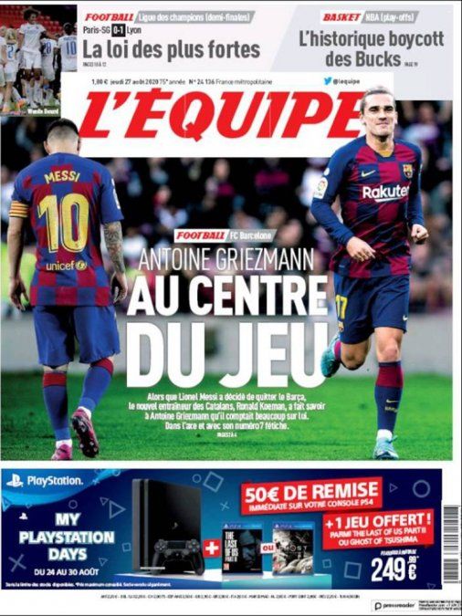 La tapa del diario francés L´Equipe. Griezmann pasará a ser uno de los referentes en el ataque.