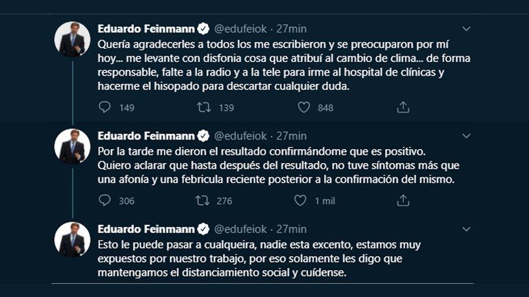 El 19 de agosto, Feinmann contó en redes sociales que se había contagiado de coronavirus (Twitter: @edufeiok)