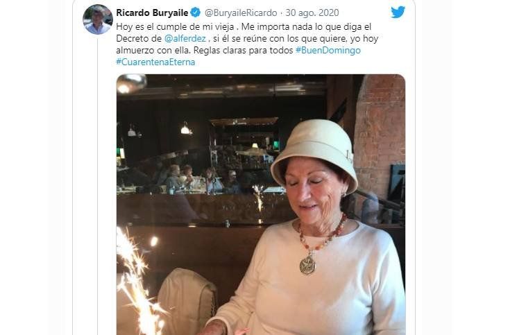 El diputado nacional por Formosa Ricardo Buryaile generó polémica en Twitter tras adelantarle a los usuarios que iba a violar la cuarentena para ir a almorzar con su madre, que este domingo cumplía años.
