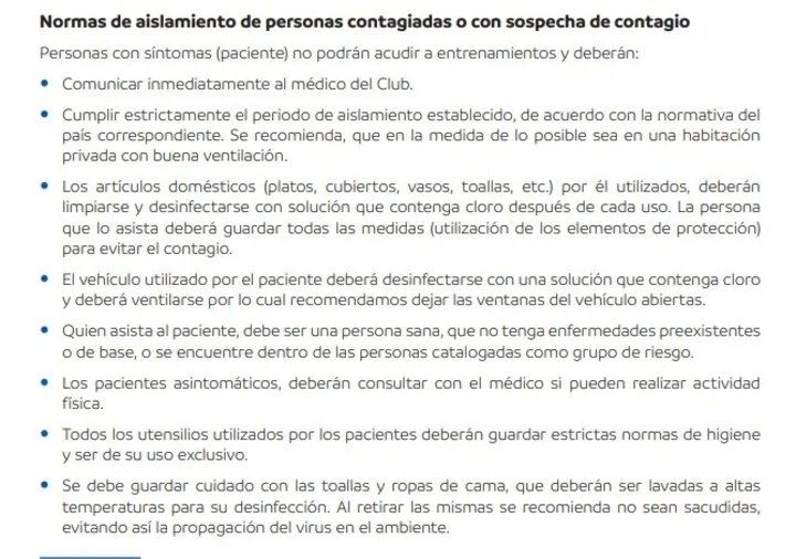 CONMEBOL posee un protocolo específico para el aislamiento de personas contagiadas o con sospecha de contagio.