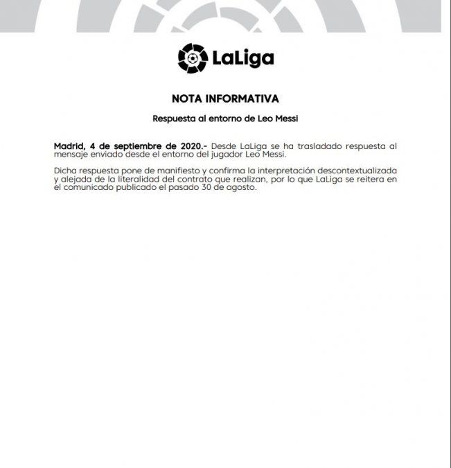 El comunicado de La Liga aduciendo que sacaron de contexto el contrato entre Messi y el Barcelona.