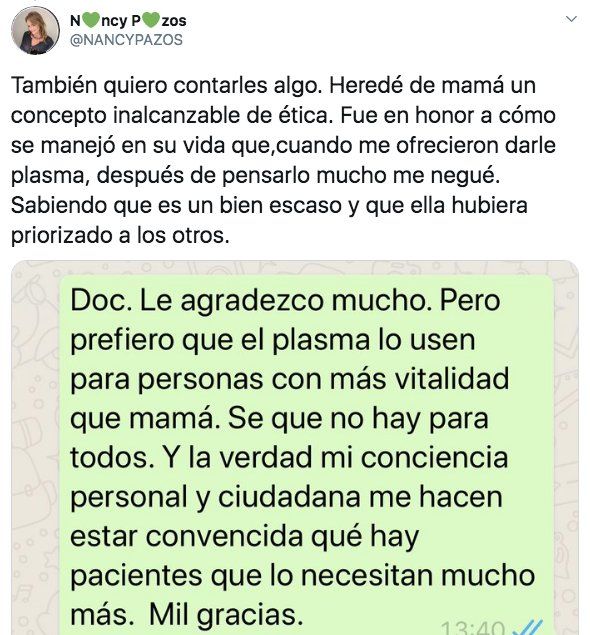 LA DECISION DE NANCY: LE DIJO A LOS MEDICOS QUE USARAN EL PLASMA CON OTROS PACIENTES.