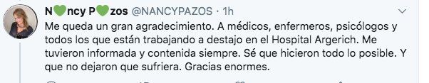 LA CONDUCTORA DE RULETA RUSA LE AGRADECIO AL PERSONAL SANITARIO.