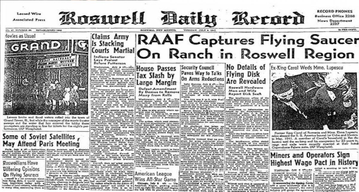 El diario Roswell Daily Record publicaba que había caído un misterioso aparato (DPA).