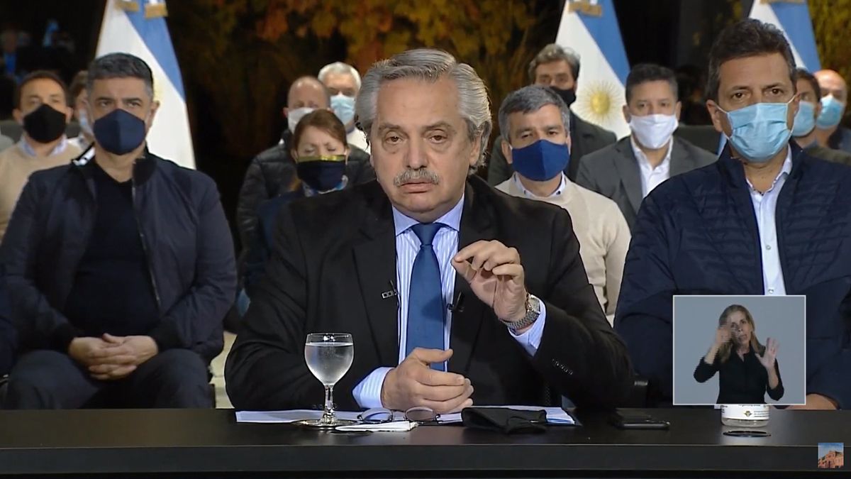 El presidente Alberto Fernández durante el anuncio de traspaso de fondos de coparticipación de Caba a la provincia de Buenos Aires.