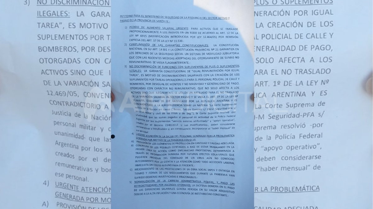 El petitorio entregado a las autoridades de la cartera de Seguridad santafesina