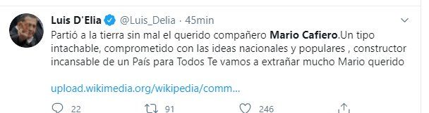 Tuit de D´Elia sobre la supuesta muerte de Cafiero