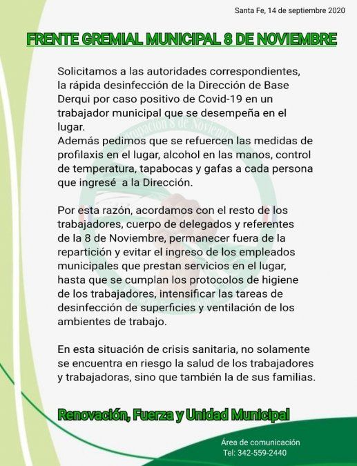 La agrupación 8 de Noviembre de Santa Fe emitió un comunicado por la situación del coronavirus en la institución.