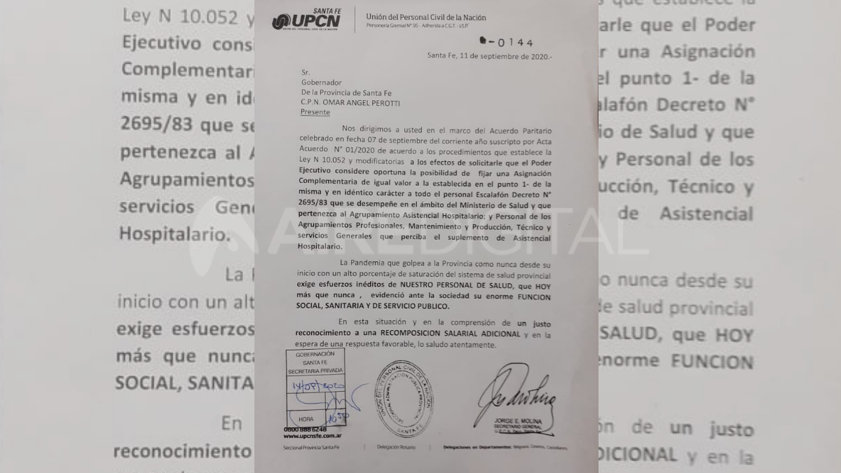 La nota presentada el 14 de septiembre por Upcn, cuando el gobierno formalizó la oferta salarial a los médicos