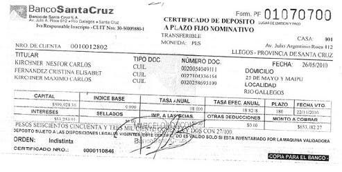 Algunos de los plazos fijos omitidos por Cristina en la sucesión