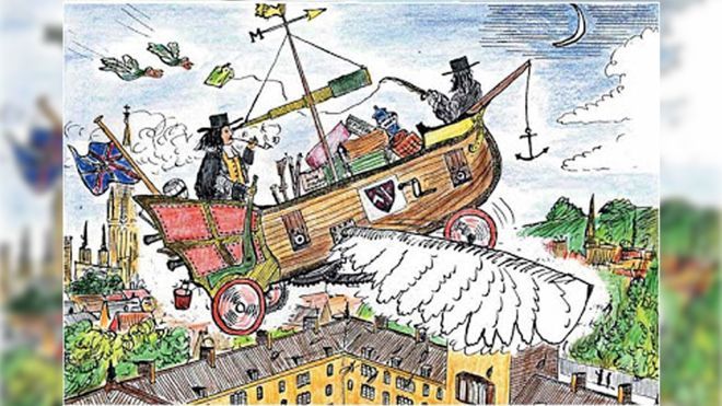 John Wilkins y su carruaje espacial para ir a la Luna, interpretado por el propio historiador Allan Chapman.