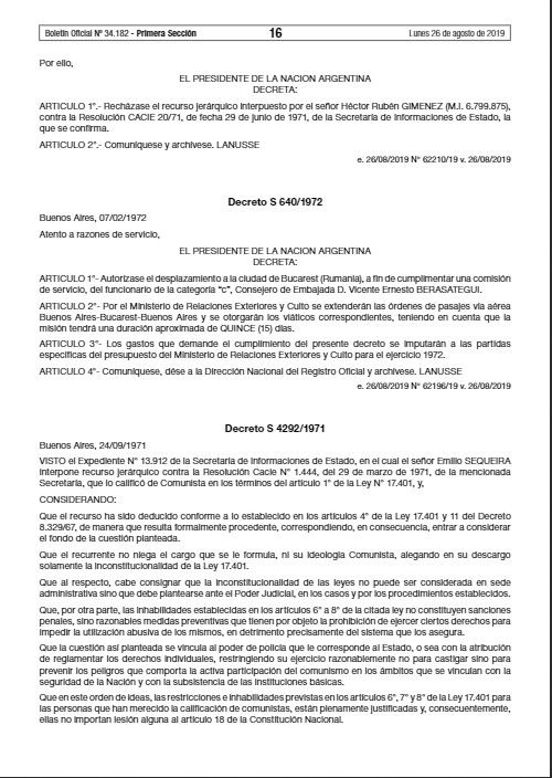 Fueron publicados 25 decretos de las dictaduras de Onganía y Lanusse en el Boletín Oficial este lunes
