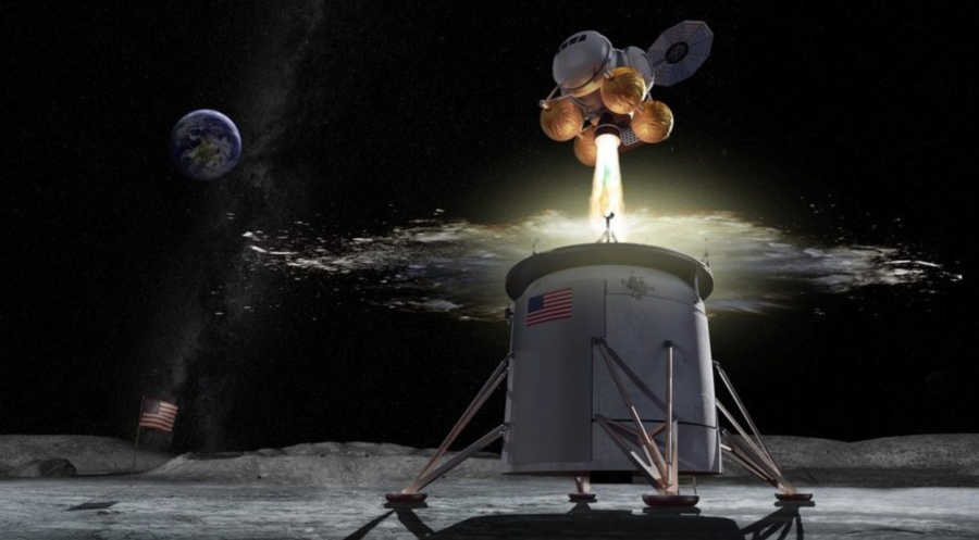 Recreación de la NASA del despegue de la etapa de ascenso de un módulo lunar en una misión tripulada al polo sur de la Luna (NASA).