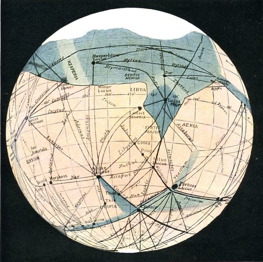 Uno de los esbozos de Lowell de Marte, de hacia 1900, con las finas líneas que él y otros interpretaron como canales de irrigación a gran escala.