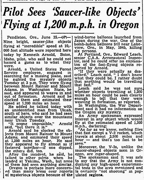"Piloto ve objetos como platillos volando a 1.300 kilómetros por hora en Oregón". Recorte de la noticia de la época.