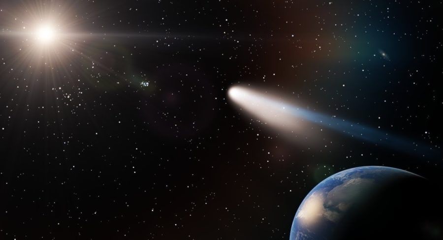 El Sol, el cometa Halley y la Tierra alineados. Web del maestro.