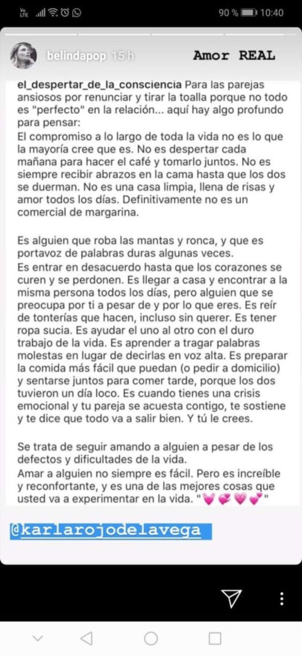 Belinda manda mensaje a las parejas que están por 'tirar la toalla'