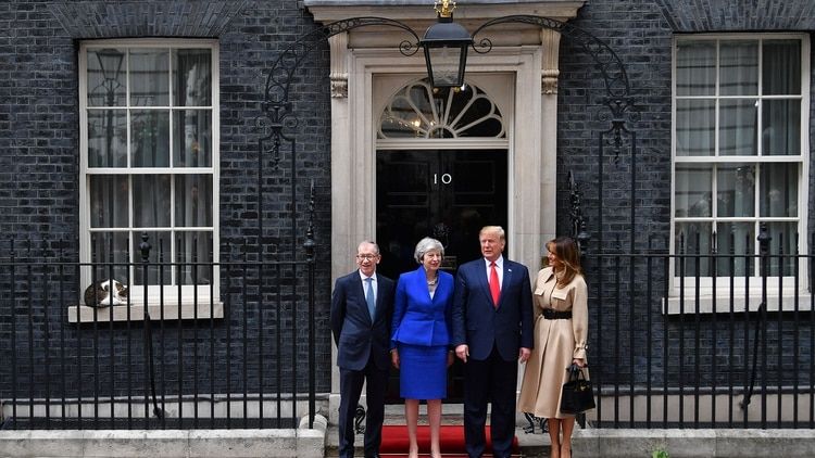 Larry el Gato se sienta en el alfÃ©izar de la ventana mientras la primera ministra de Gran BretaÃ±a Theresa May y su esposo Philip May saludan al presidente de los Estados Unidos Donald Trump y a la primera dama Melania Trump (Reuters)