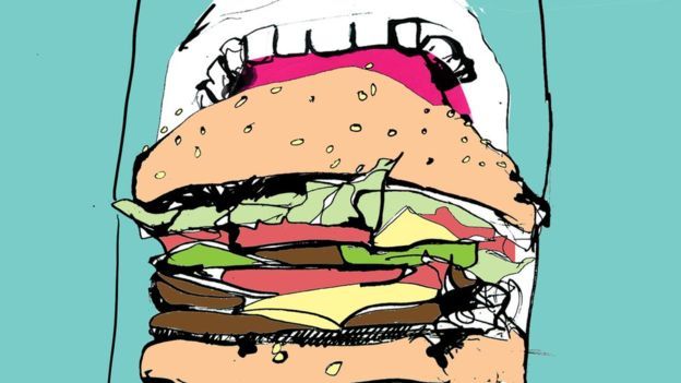 Ilustración de boca con hamburguesa
