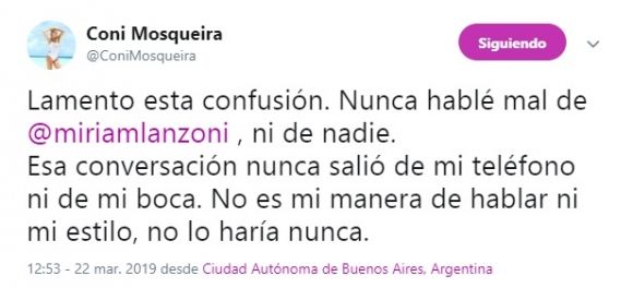 Yanina Latorre publicó supuestos chats de la novia de Fantino destrozando a Miriam Lanzoni y Coni Mosqueira los negó: "No es mi manera de hablar"