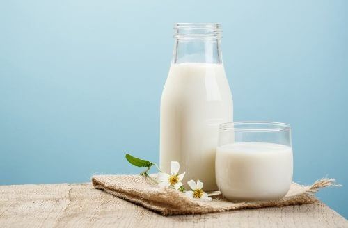 Botella y vaso de leche